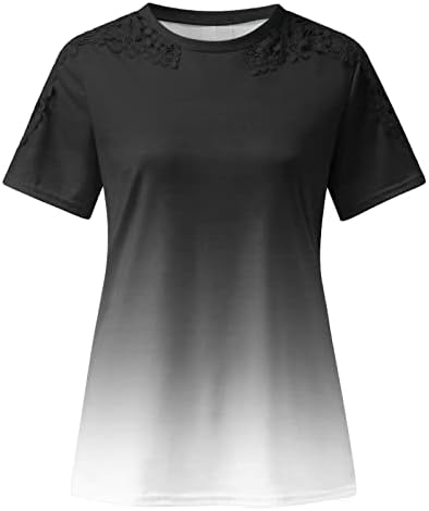 נשים של חולצות לקיץ 2023 מזדמן מודפס עגול-צוואר תחרה חלול החוצה קצר שרוול סוודר הרזיה חולצה חולצה
