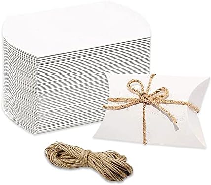 50 חבילה כרית קופסות מתנה, כרית סוכריות לטובת תיבת עם חוטים, קראפט נייר קופסות מתנה לחתונה המפלגה