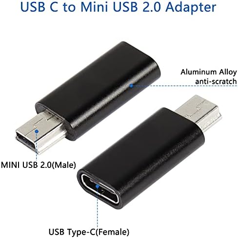 Cerrxian Mini USB ל- USB C מתאם, מיני USB זכר ל- USB C CONNECOTR נקבה המרה תמיכה בטעינה וסנכרון נתונים עבור מצלמת