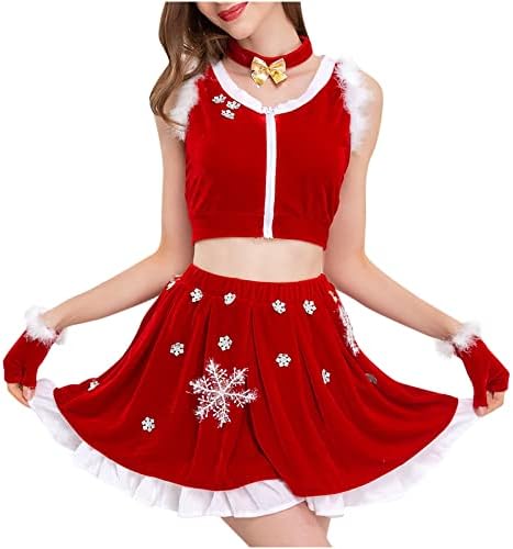 נשים סקסי קטיפה צינור צמרות מיני חצאיות 2 מחשב סט חג המולד אדום פתית שלג קצר שמלת יבול אפוד