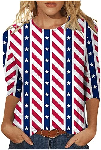 צמרות יום עצמאות לנשים אופנה הדפס דגל אמריקאי 3/4 טיז שרוול צווארון קז'ואלי של חולצות 4 ביולי חולצות