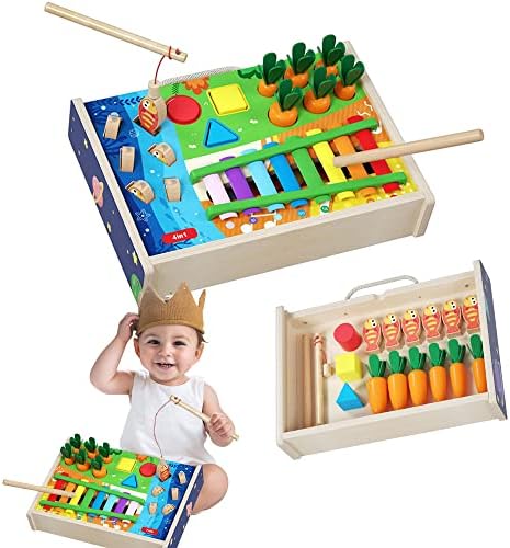 צעצועים דופקים פטיש מעץ 4 ב -1 תיבת משחק רב-פונקציונלית עם קסילופון, מיון צורות, דיג מגנטי, גזר הקציר