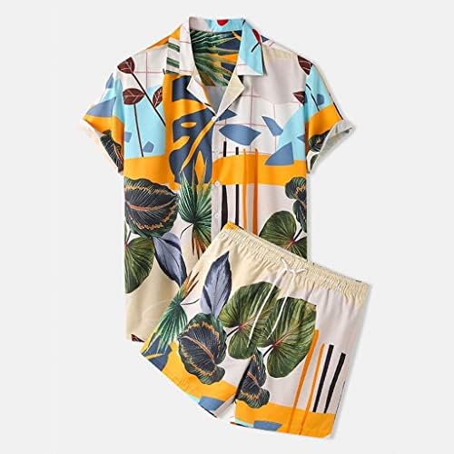 הדפס לגברים של לייג ', כפתור דש, חולצת שרוול קצרה וחוף קיץ קצר לגברים הוואי סבך שני חלקים מזדמנים