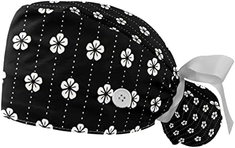 פרחים לבנים על כובע עבודה של רקע שחור עם כובע בופנט כיסוי ראש מתכוונן