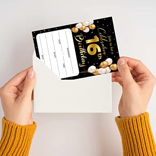 כרטיסי הזמנה ליום הולדת 16 עם מעטפות - נושא זהב קלאסי ממלא את כרטיסי ההזמנה של מסיבת יום הולדת