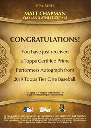 2019 TOPPS TIER ONE PPA -MCH Matt Chapman Certified Card Basegl Card - רק 299 תוצרת!