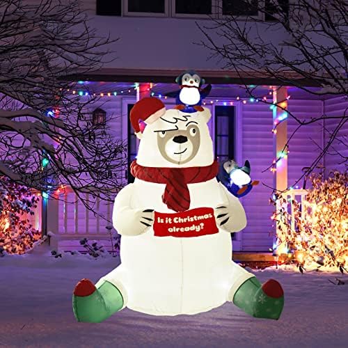 Nifti Nest 5 ft ארוך x 6 מטר וחג המולד מתנפחים דוב קוטב עם פינגווין לחג המולד פוצץ קישוטים לחצר עם אורות