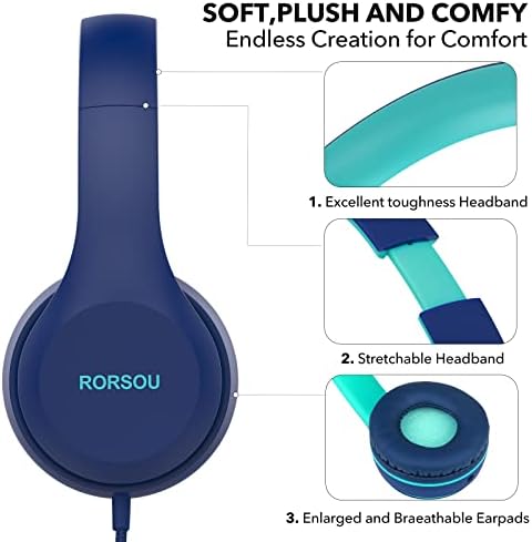 אוזניות של Rorsou K5 ילדים עם מיקרופון לקשקול, מגביל נפח 85/94dB, סטריאו סטריאו מתקפל ללא סבך 3.5 ממ כבל קווי