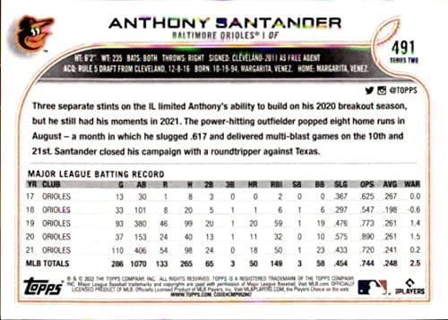 2022 Topps 491 אנתוני סנטאנדר בולטימור אוריולס סדרה 2 כרטיס מסחר בייסבול MLB