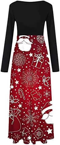 נשים שמלה מודפסת לחג המולד שרוול מלא שמלת מקסי שמלת הדפס חמוד טלאי אימפריה המותניים שמלות מזדמן לחג המולד