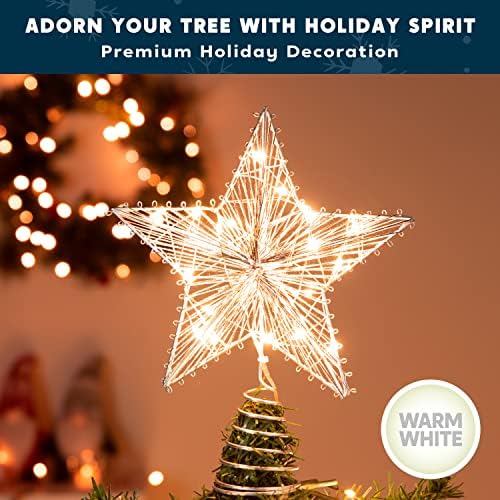 Toppers עץ חג המולד של ג'וידומי, טופר עץ כוכב כסף המונע על סוללה מואר באורות LED לבנים חמים לקישוטים לעץ חג