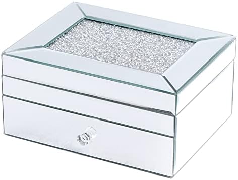 2 שכבה מראה קופסת תכשיטים זכוכית עם עיצוב יהלומים כתוש מארגן תכשיטים גדול עם מגירת אוצר חזה טבעות עגילי שרשרת