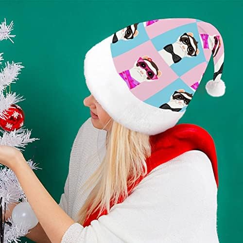 החמוס ילדה וילד דיוקן עם משקפיים מצחיק חג המולד כובע סנטה קלאוס כובעי קצר קטיפה עם לבן חפתים עבור חג המולד