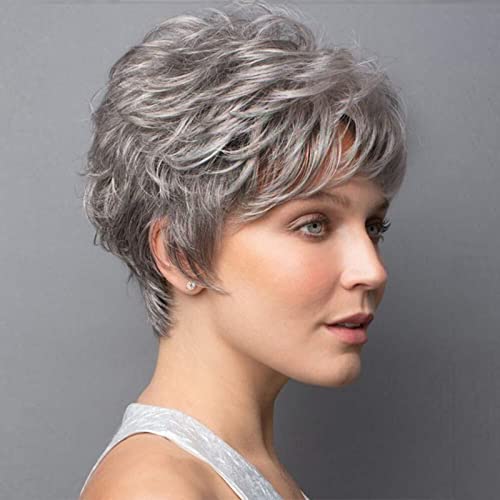 אפור פיקסי לחתוך שיער טבעי פאה עם פוני קצר אפור פאת שיער טבעי שכבות גלי קצר פיקסי פאות עבור נשים