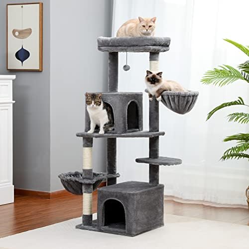 חתול עץ מודרני חתול מגדל מדורגת חתול לשחק בית עם סיסל מגרד הודעות, כפול מרווח ערסל, מפנק למעלה מוט ומתנדנד