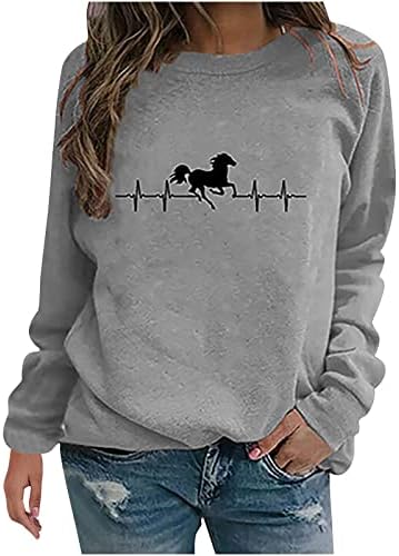 חולצות סוסים נשים שרוול ארוך צווארון סווטשירט צמרות רטרו רטרו ריצה סוס גרפי גרפי סוודר דפוס בעלי חיים חולצה