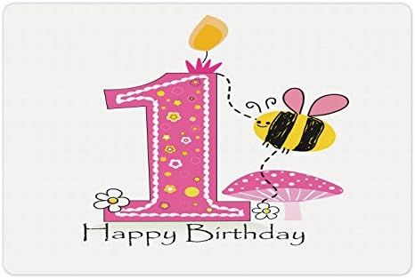 מחצלת חיות מחמד ליום הולדת 1 לאמבסון למזון ומים, תמונה בסגנון קריקטורה עם עוגת מסיבת הדבורים והדפס הנר, מחצלת