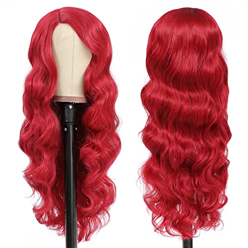 פאות אדומות חלק צד גלי מתולתל ארוך לנשים, פאות שיער גל גוף סינטטי 26 אינץ '99 ג' יי , סיבים עמידים בחום לשימוש
