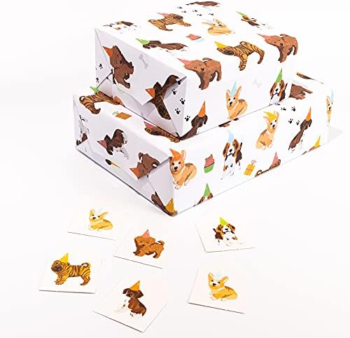 מרכזי 23-לבן גלישת נייר-כלבים בכובעים - 6 גיליונות של יום הולדת מתנה לעטוף-חגיגה-עבור גברים נשים ילדים-למחזור