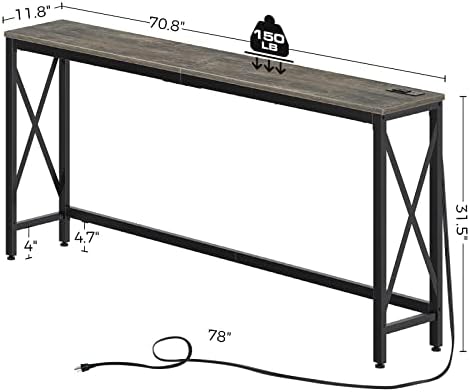 שולחן קונסולת רולנסטאר עם 2 שקעים ו -2 יציאות יו אס בי, שולחן כניסה 70.8 עם מסגרת מתכת ועיצוב בצורת