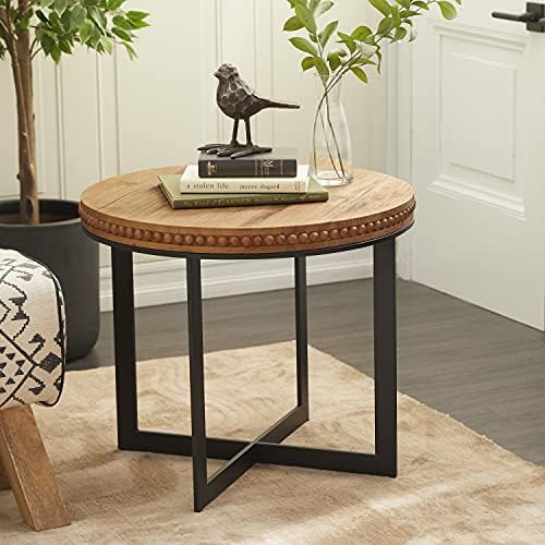 דקו 79 שולחן מבטא עגול מעץ עם בסיס מתכת בצורת איקס, 24 איקס 24 איקס 21, חום