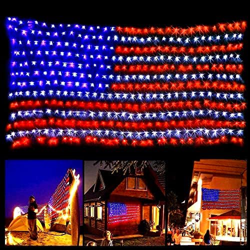אורות רשת דגל אמריקאי קוליסט, 420 לד 110 וולט תקע אורות מחרוזת דגל עמיד למים בחוץ, קישוטים פטריוטיים ליום העצמאות