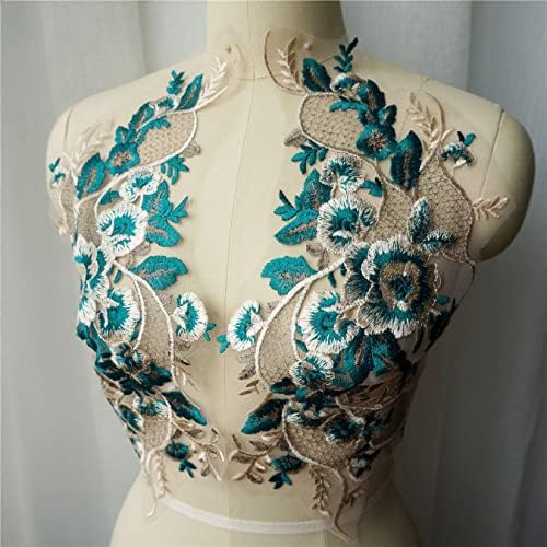 בד תחרה ירוק טלאי פרחים רקומים אפליקציות לקצוות צווארון קלאסי רשת תפירה שמלת עיצוב חתונה 2 יחידות
