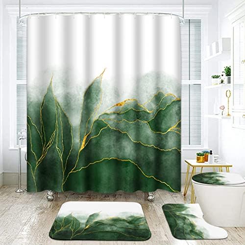 ערכות אמבטיה ירוקות שיש בזהב עם וילון מקלחת ושטיחים ואביזרים, ערכות וילון מקלחת עלים ירוקים, וילונות מקלחת מודרניים