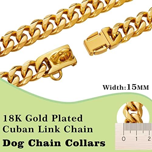 צווארוני כלבי זהב מכסף נירוסטה עם מנעול אבזם בטיחות, צווארון אימונים של שרשרת קישורים קובנית, 15 ממ, שרשרת