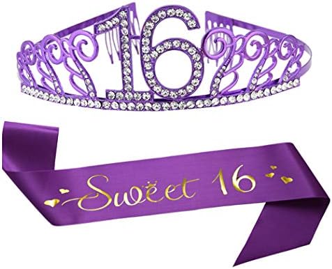 יום הולדת 16 סגול נזר ואבנט, סגול סאטן אבנט קריסטל ריינסטון יום הולדת כתר עבור שמח 16 יום הולדת