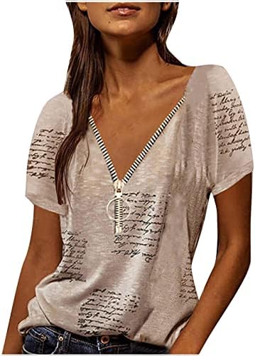 נשים בתוספת גודל טרנדי חולצות עמוק צוואר רוכסן קדמי טוניקת חולצות מכתב מודפס קצר שרוול חולצות