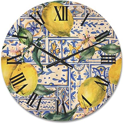 עיצוב' דפוס גיאומטרי של קישוט לימון על כחול אני ' טרופי עץ קיר שעון גדול דקורטיבי מזון ומשקאות קיר שעון