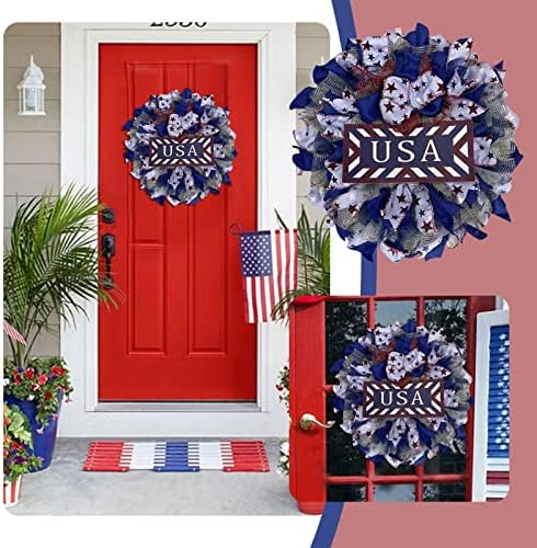 זר חג מולד קטן 15.7 אינץ 'זר פטריוטי אמריקאי לדלת הכניסה רביעי ביולי יום העצמאות זר זר אדום לבן וכחול לדלת ולקישוט