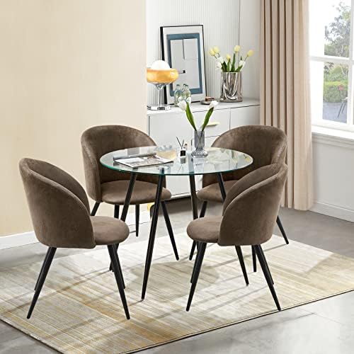 מודרני עגול מטבח שולחן קפה שולחן עם מזג זכוכית למעלה, ישיבות שולחן עגול אוכל שולחן עבור 4 אנשים,