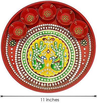 Vedic Vaani מסורתי Meenakari מעוצב טווס מעוצב פלדה פוג'ה פוג'ה תאלי תאלי
