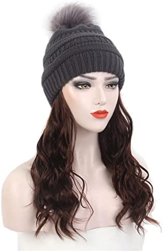 לרכוש אופנה אירופאי ואמריקאי גבירותיי שיער כובע אחד אפור סרוג כובע פאה ארוך מתולתל חום פאה וכובע אחד