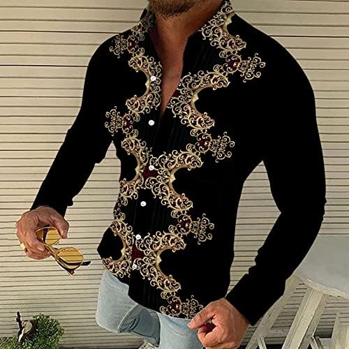 אופנה לגברים דפוס מזדמן מודפס שרוול ארוך חולצות צווארון חולצות חולצה רופפת כפתור נוח למטה חולצה