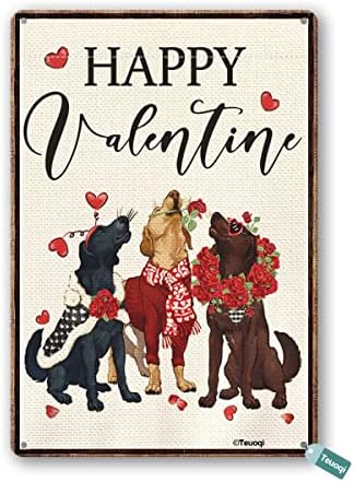שלט פח רטרו שמח על ולנטיין זר ורד כלב אהבה לב ליום האהבה יום האהבה שלטי מתכת עיצוב קיר 8x12 ב