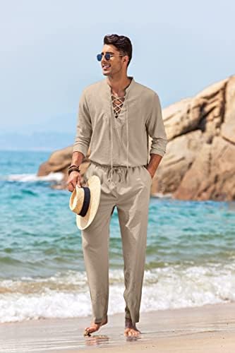 קופנדי גברים של 2 חתיכה פשתן סט ארוך שרוול הנלי חולצות מקרית חוף מכנסיים עם כיסים קיץ יוגה תלבושות