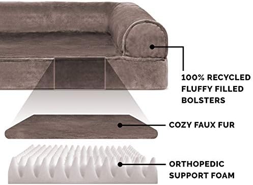 מיטת כלב אורטופדית פרווה מלאכותית וספה קטיפה בסגנון עם כיסוי רחיץ נשלף-עץ סחף חום, ג' מבו