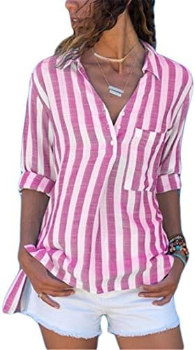Andongnywell נשים שרוול ארוך פס חולצת טי חולצת צוואר כפתור צוואר חולצות קרדיגן חולצות חולצות