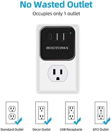 צרור Rootoma, USB C מרחיב שקע תקע מרובי עם USB, 3 USBS ו- 3 שקעים שחורים, מאריך יציאת USB C, רצועת חשמל עם