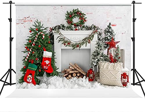 קייט 10 × 6.5ft תפאורת חג מולד עץ חג המולד ומתנות רקע צילום גרבי חג המולד של לבנים לבנים קיר אח