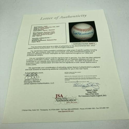 מנטה טד וויליאמס חתמה על בייסבול רשמי של הליגה האמריקאית JSA COA יפה - כדורי חתימה