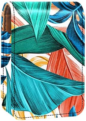 עלים טרופי קיץ אקזוטי צמח שפתון מקרה עם מראה עבור ארנק נייד מיני איפור תיק נסיעות קוסמטי פאוץ עור