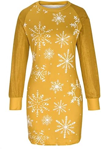 נשים נצנצים ארוך שרוול חולצה שמלת חג המולד פתית שלג הדפסת ארוך סווטשירט מזדמן צווארון עגול סוודר