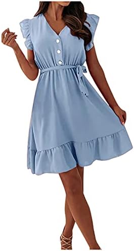 כפתור שימוש בשמלת נדנדה צוואר לנשים בצבע אחיד שרוול שרוול טלאי שמלת טוניקה חגורה עצמית שמלת מותניים גבוהה