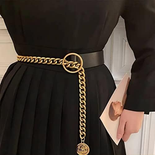 חגורת שרשרת מותניים מתכתית - אופנה - חגורת עור עבה של שרשרת גוף עבה זהב וכסף - חגורת שרשרת נמתחת מעיל שמלה