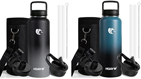 HQAYW 40OZ בקבוק מים ספורטיבי X2 עם 3 כובעים בקבוק מים מבודד 40oz, בקבוק מים נירוסטה עם קש