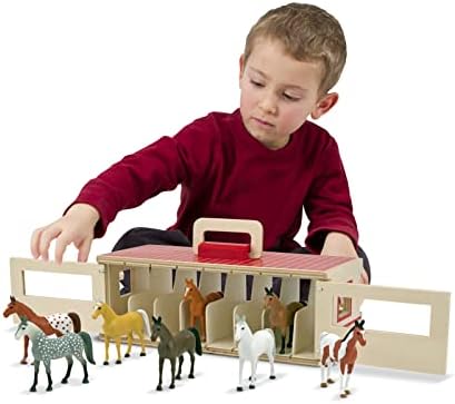 מליסה ודאג טייק-סחר-סוס סוס יציב סט עם קופסה יציבה מעץ ו -8 סוסי צעצועים וחרוזי שרוך ראשוניים-צעצוע חינוכי
